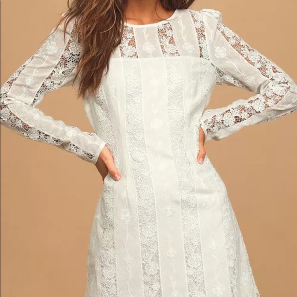 White Embroidered Lace Long Sleeve Mini Dress - Picture 3 of 4